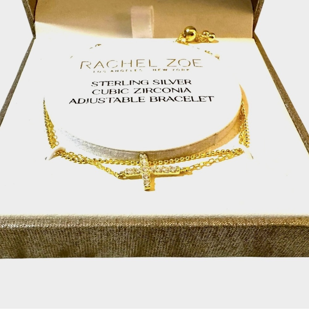 Rachel Zoe Adjustable Bracelet Cubic Zirconia Cross & Gold on Sterling Silver - Picture 4 of 5
